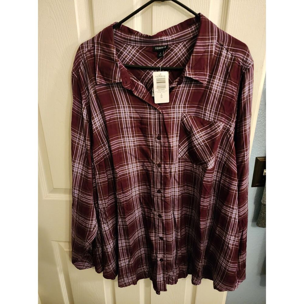 NWT Torrid Womens Purple Plaid Long Sleeve Button Front Top Size 4X Bust Pocket‎